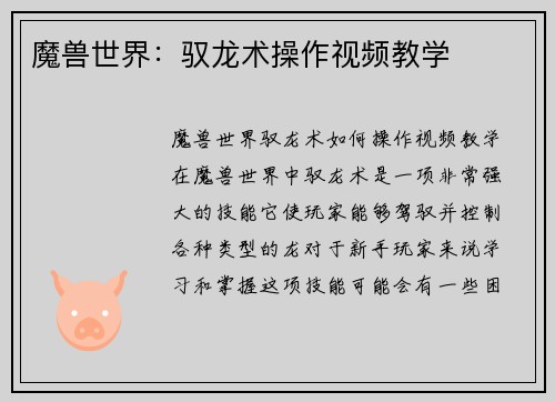 魔兽世界：驭龙术操作视频教学